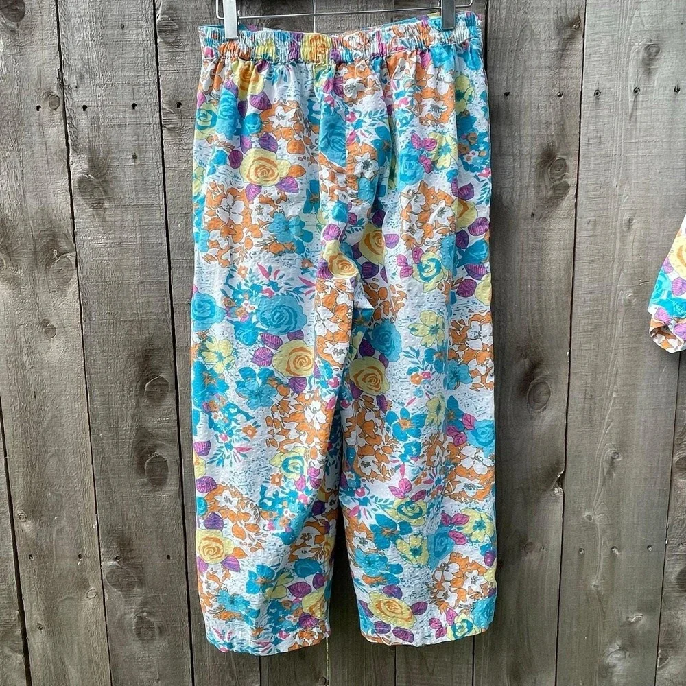 VTG Capacity Capri Set 80s Cotton Matching Floral Print High Rise Colorful Beach